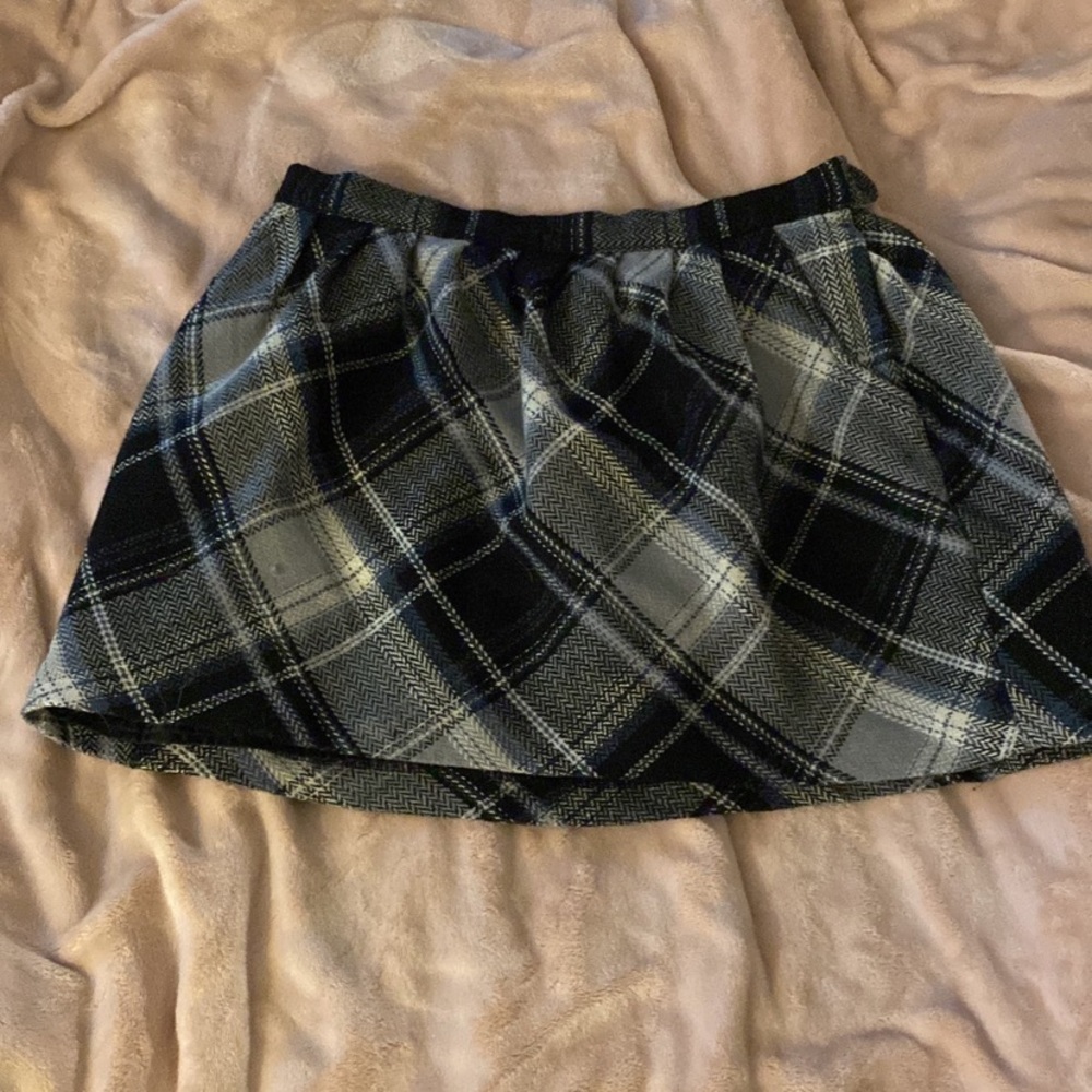 WOOL PLAID MINI SKIRT BLACK GREY WHITE